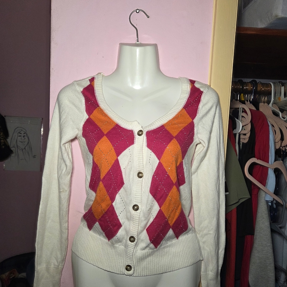 Aeropostale Women's Cardigan - Pink and Orange Argyle